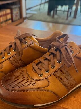 Magnanni Tan Leather Perforated Lace-Up Sneakers.